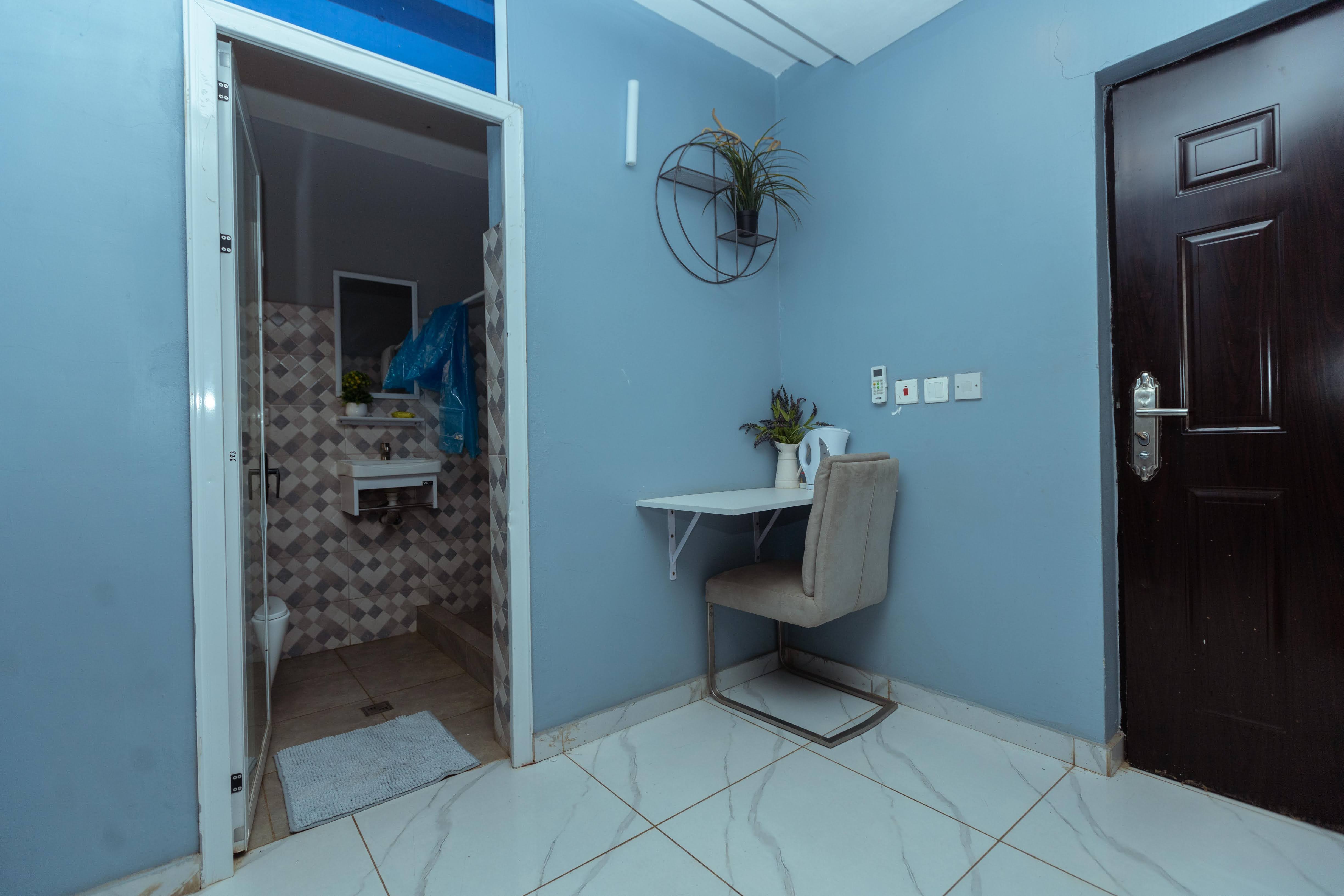 Room desk and bathroom